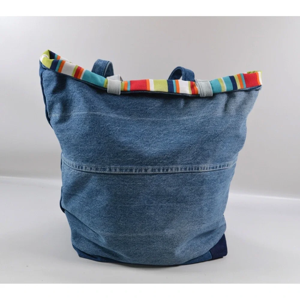 Denim Patchwork Blue Jean Tote/Shoulder Bag Upcycle Reversible Striped 17